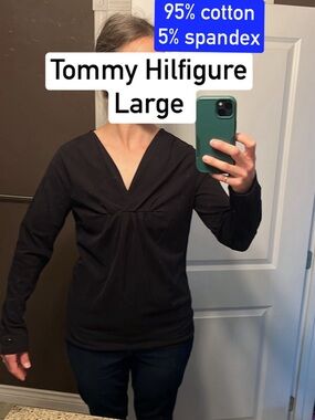Tommy Hilfiger Black V-Neck Long Sleeve Top. Ruched bust detail. Women's large